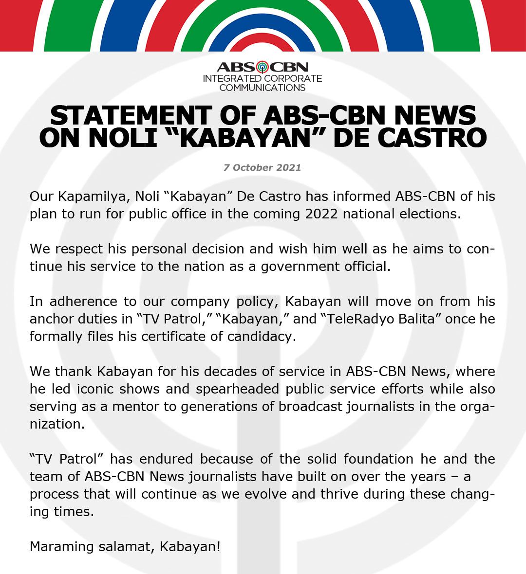 Statement of ABSCBN News on Noli “Kabayan” De Castro